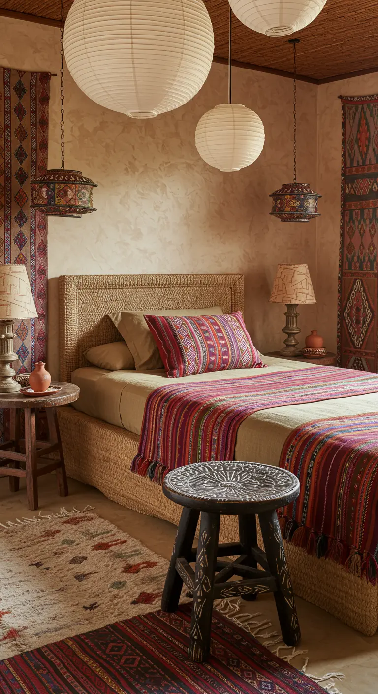 Dormitorio de estilo global con textiles étnicos coloridos, cama de yute y lámparas marroquíes.