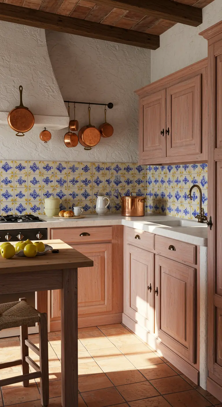 Cocina de estilo mediterráneo con gabinetes rosa terracota y azulejos azules y amarillos.