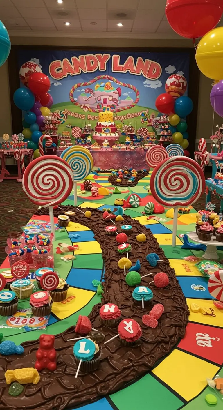 Fiesta temática de Candyland con un camino de dulces y cupcakes coloridos.