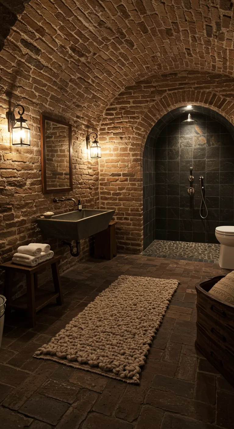 Baño con paredes y techo de ladrillo abovedado, y una ducha en un nicho arqueado.