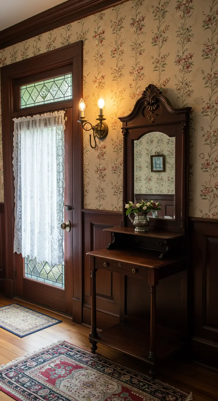 Entrada de estilo victoriano con muebles de madera oscura, papel pintado floral y cortina de encaje.