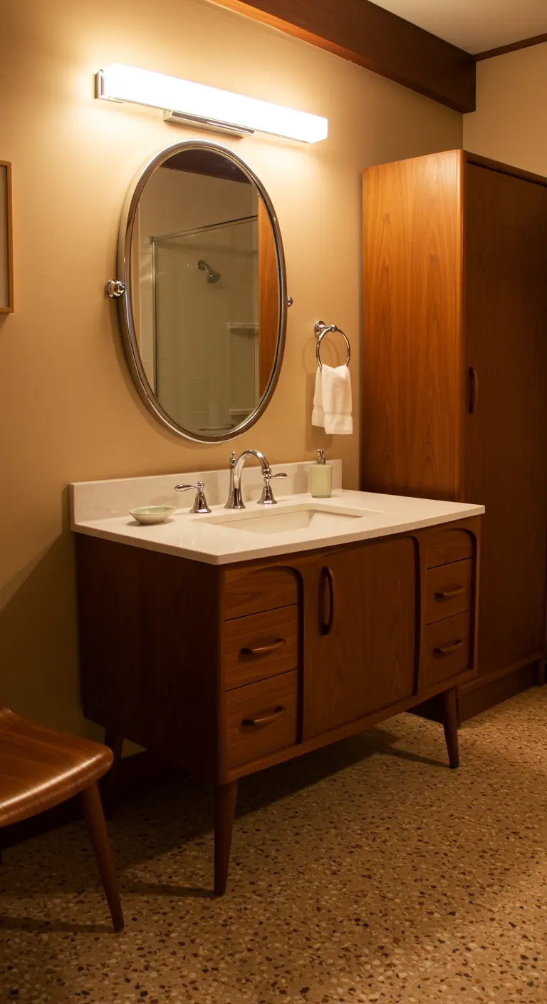 Baño de estilo mid-century modern con mueble de madera, suelo de terrazo y espejo ovalado pivotante.