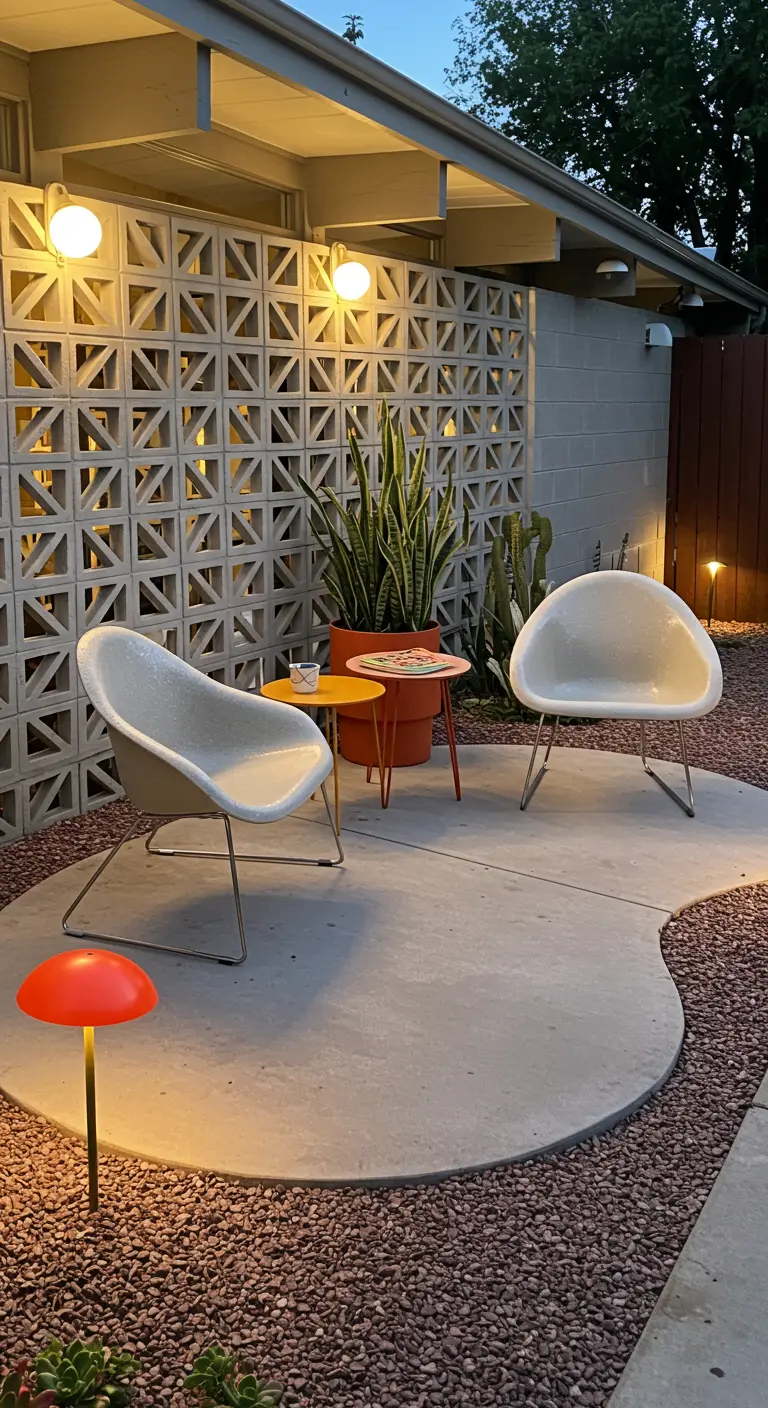 Patio de estilo Mid-Century con pared de bloques decorativos, sillas retro blancas y detalles en naranja