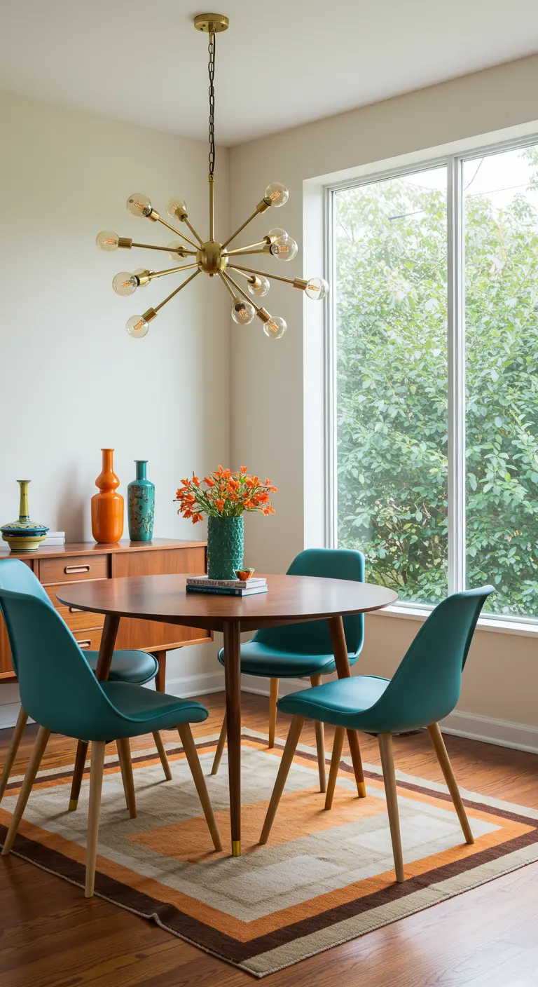 Comedor Mid-Century Modern con mesa de teca, sillas turquesa y lámpara Sputnik de latón.