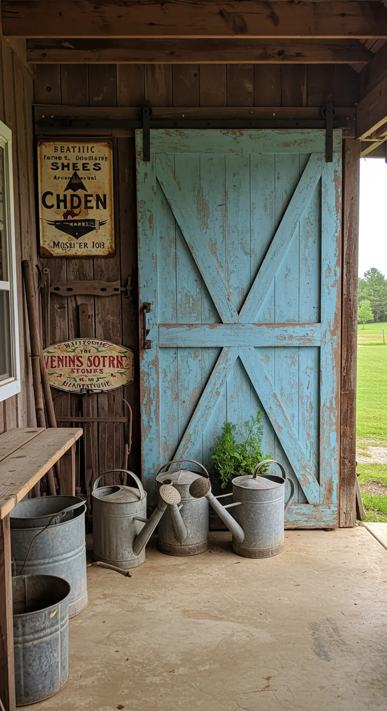 Puerta de granero azul muy desgastada en un porche con carteles vintage y regaderas de metal.