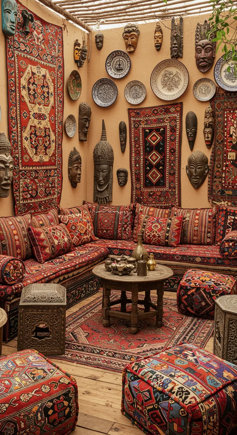Salón bohemio con paredes cubiertas de tapices y máscaras africanas, con sofás bajos y pufs.