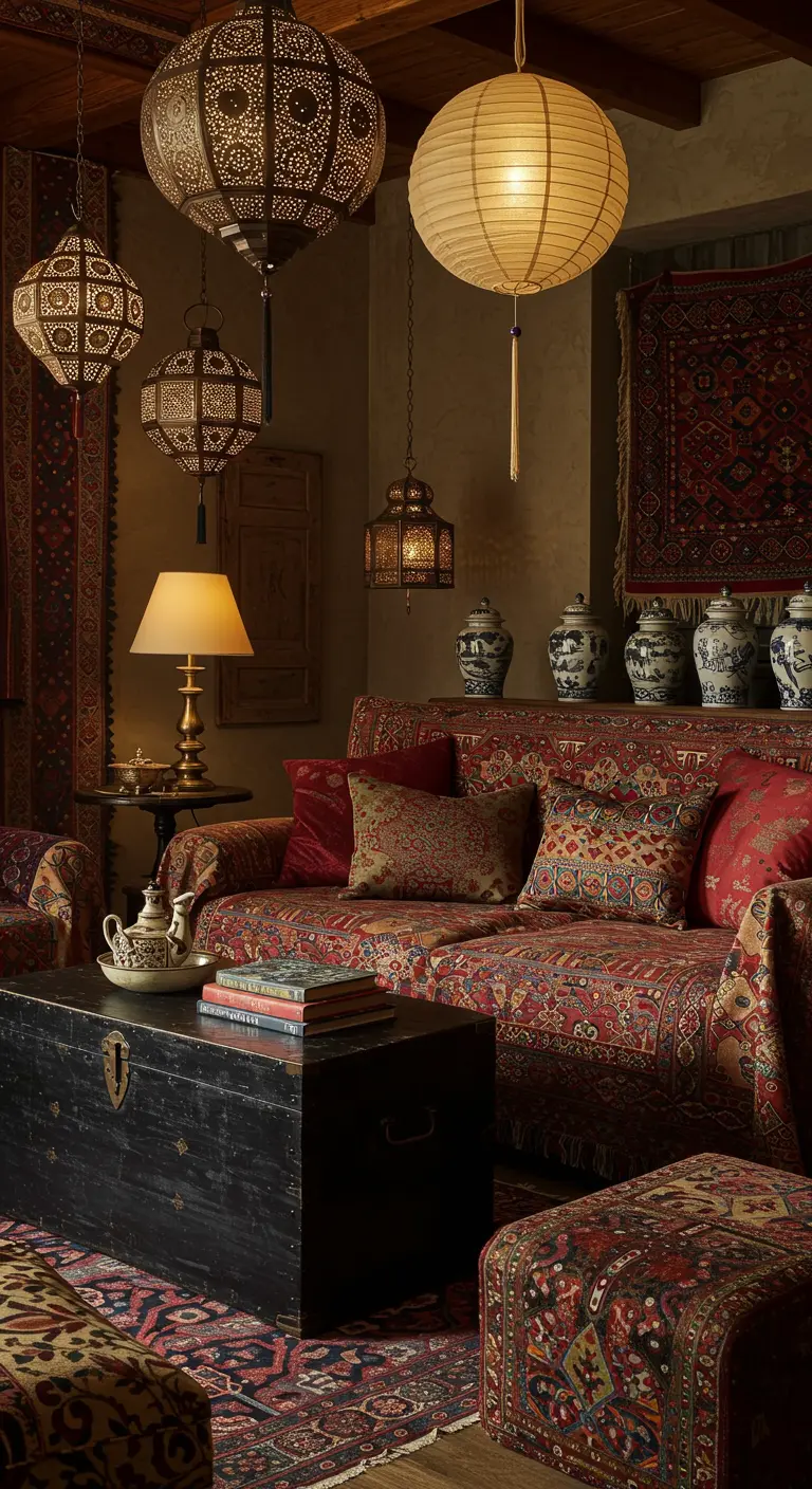 Ecléctica sala de estar con influencias de la Ruta de la Seda, mezclando textiles y objetos de Asia y Oriente Medio.