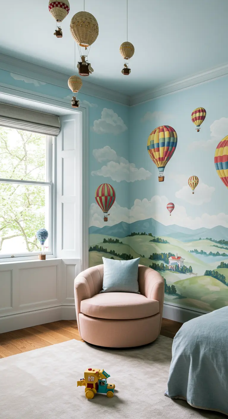 Dormitorio infantil con un mural de globos aerostáticos y modelos de globos colgando del techo.