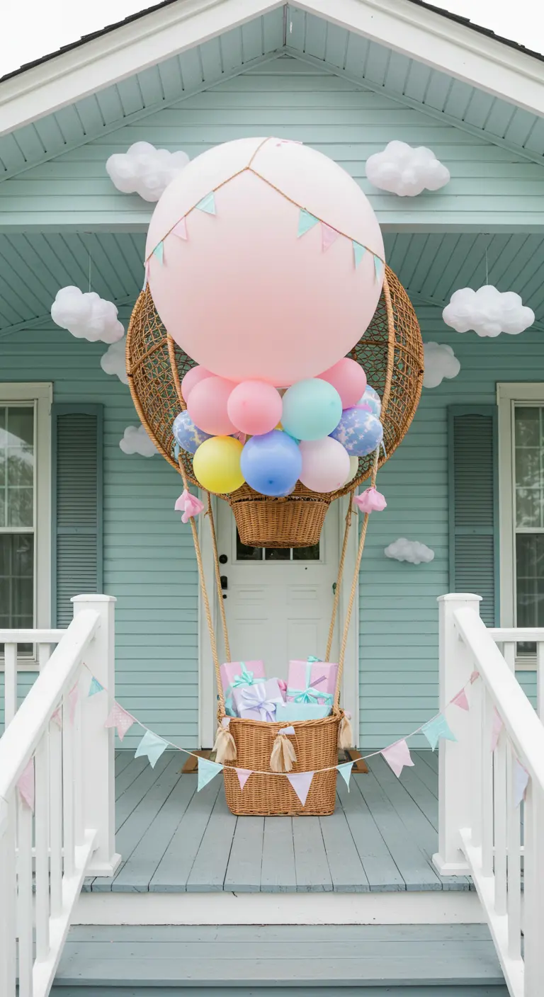 Decoración de porche en forma de globo aerostático con una cesta de mimbre y globos pastel.