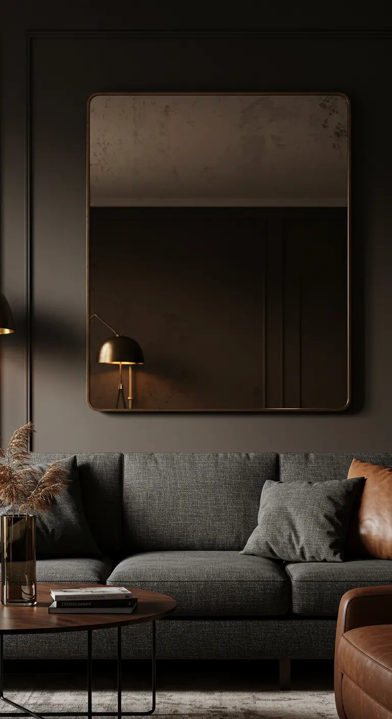 Espejo rectangular grande con cristal tintado en tono bronce y marco fino dorado