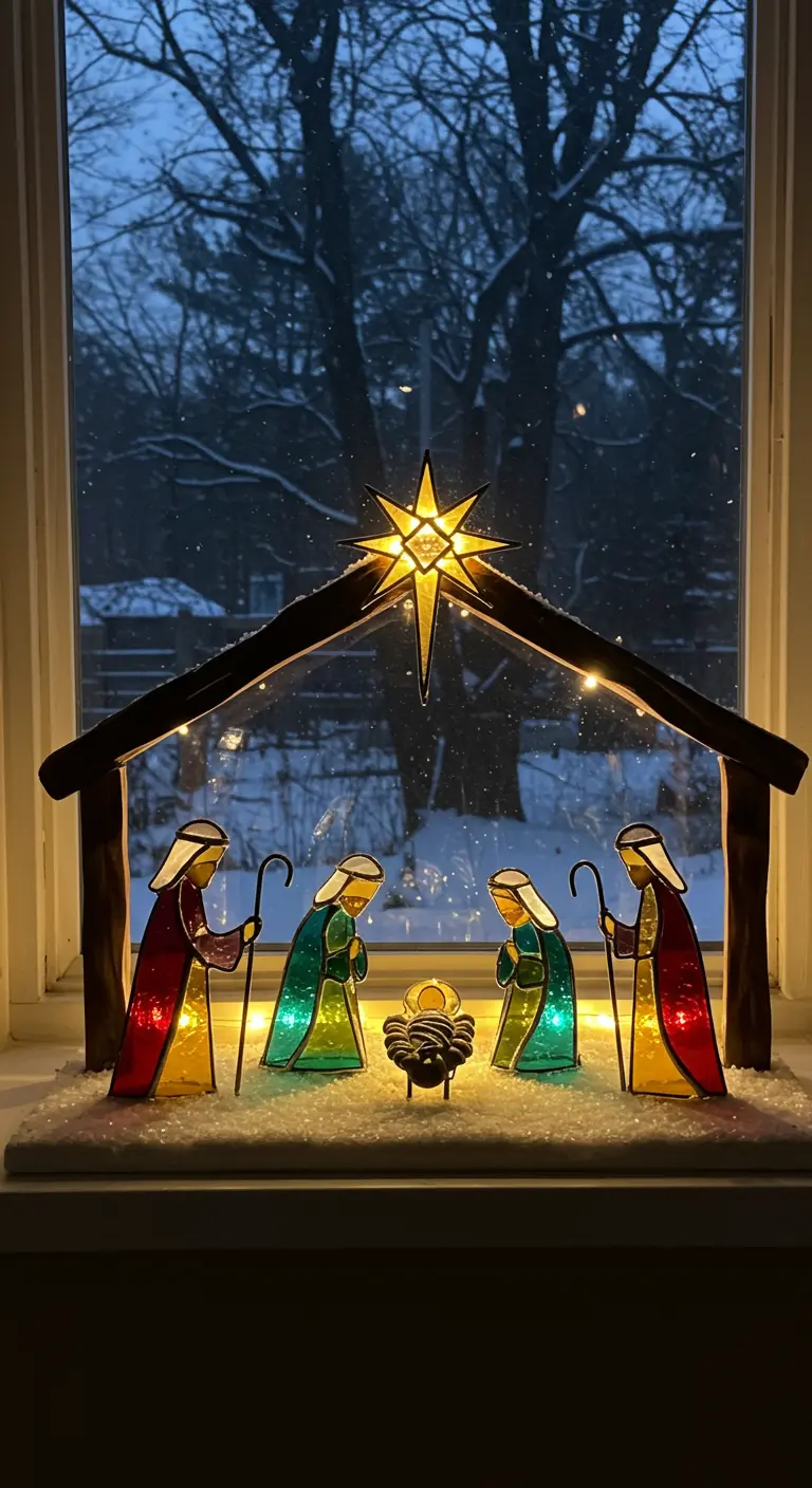 Belen de estilo vitral en el alféizar de una ventana con un paisaje nevado de fondo.