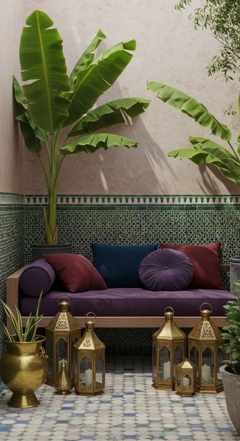 Rincón de inspiración marroquí con zócalo de azulejos verdes, sofá con cojines de terciopelo y faroles dorados.