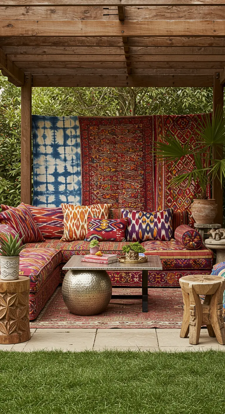 Patio bohemio con pérgola, cojines de patrones étnicos y tapices.