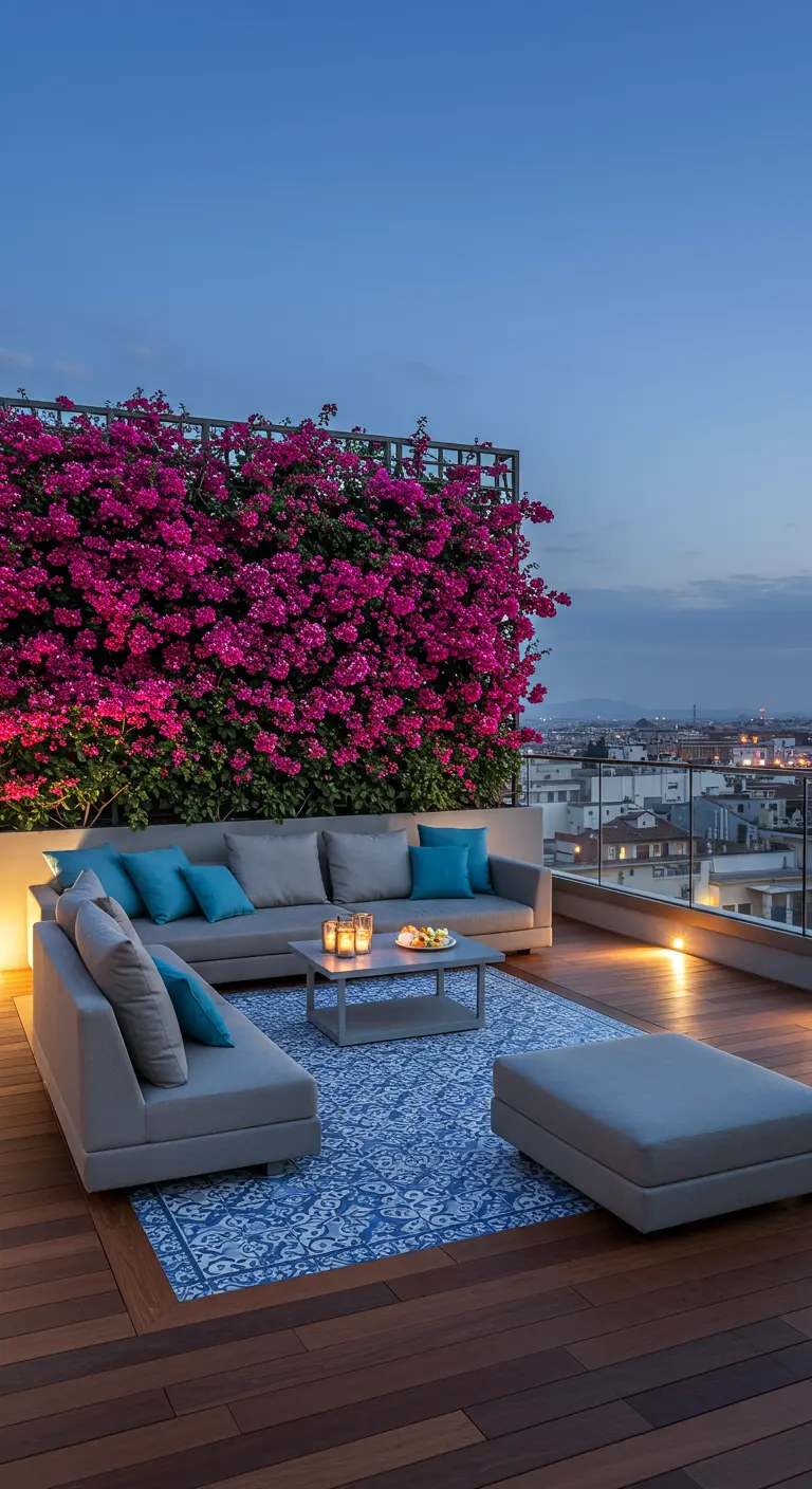 Azotea moderna con un sofá modular gris, cojines azules y una gran alfombra con motivos geométricos.