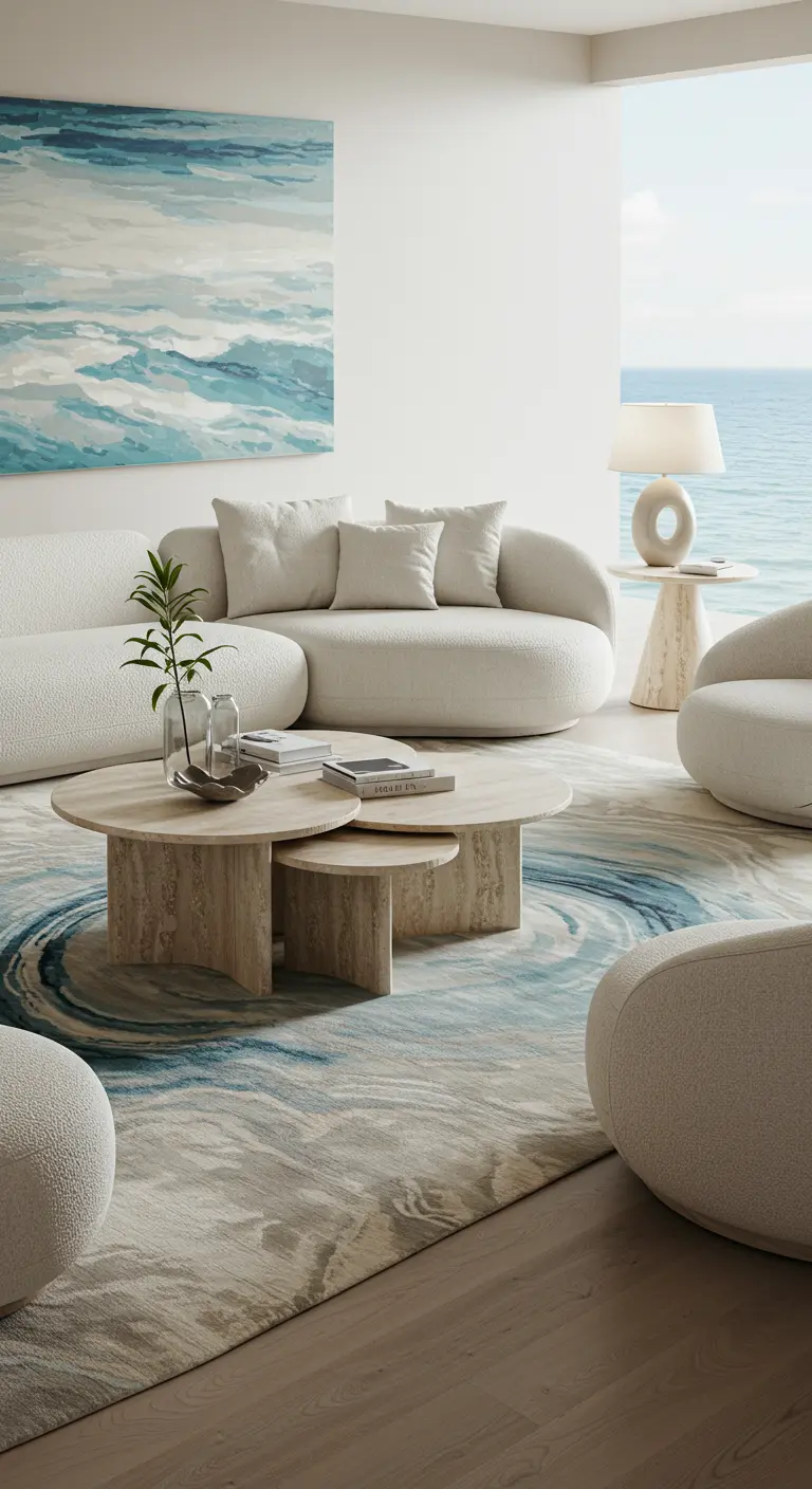 Sala moderna con muebles curvos y una impresionante alfombra con diseño de ondas de agua