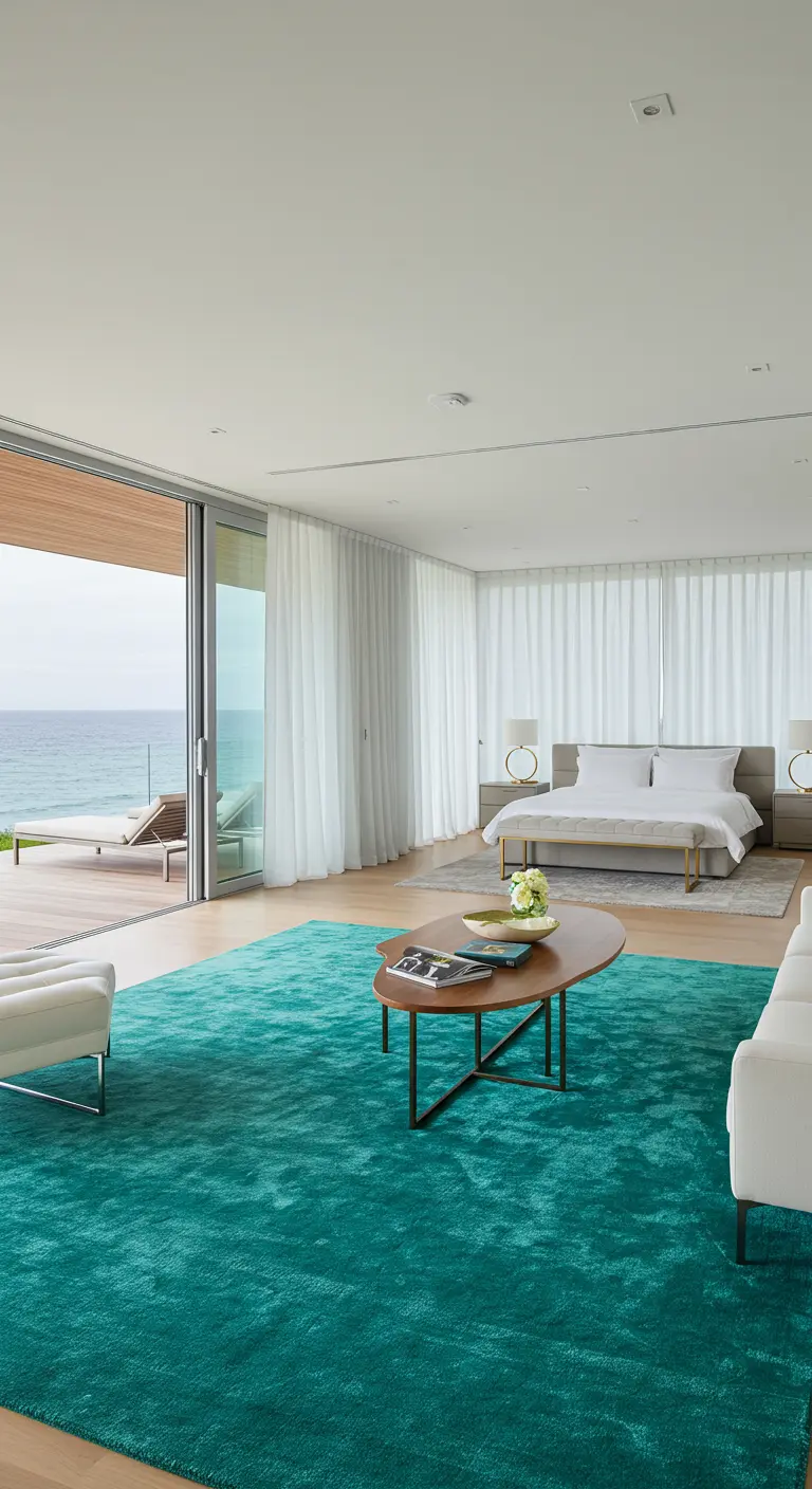 Amplio dormitorio y sala de estar con una gran alfombra turquesa que unifica el espacio.