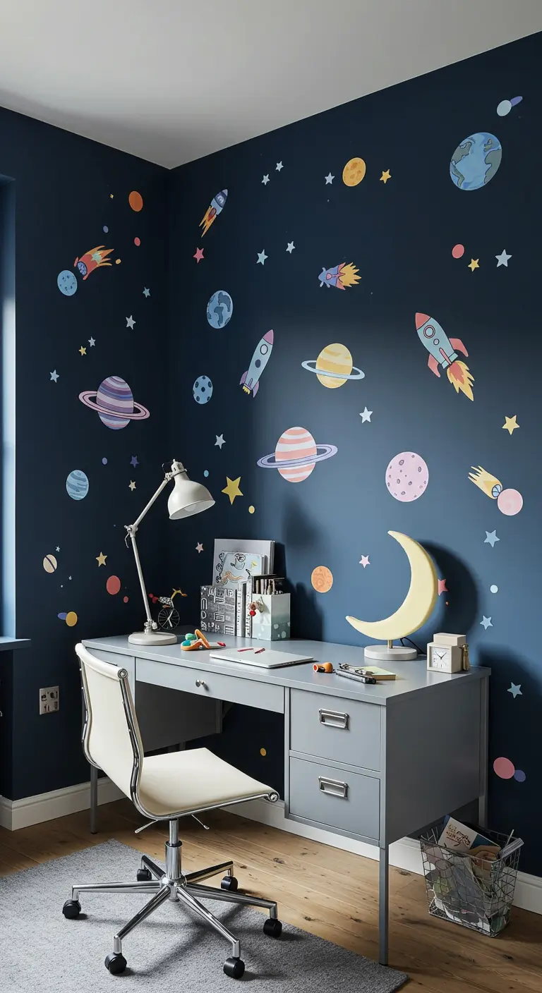 Habitación infantil con pared azul oscuro y vinilos de planetas, cohetes y estrellas.