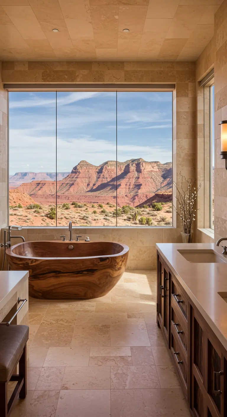 Bañera de madera maciza frente a un gran ventanal con vistas a un paisaje montañoso