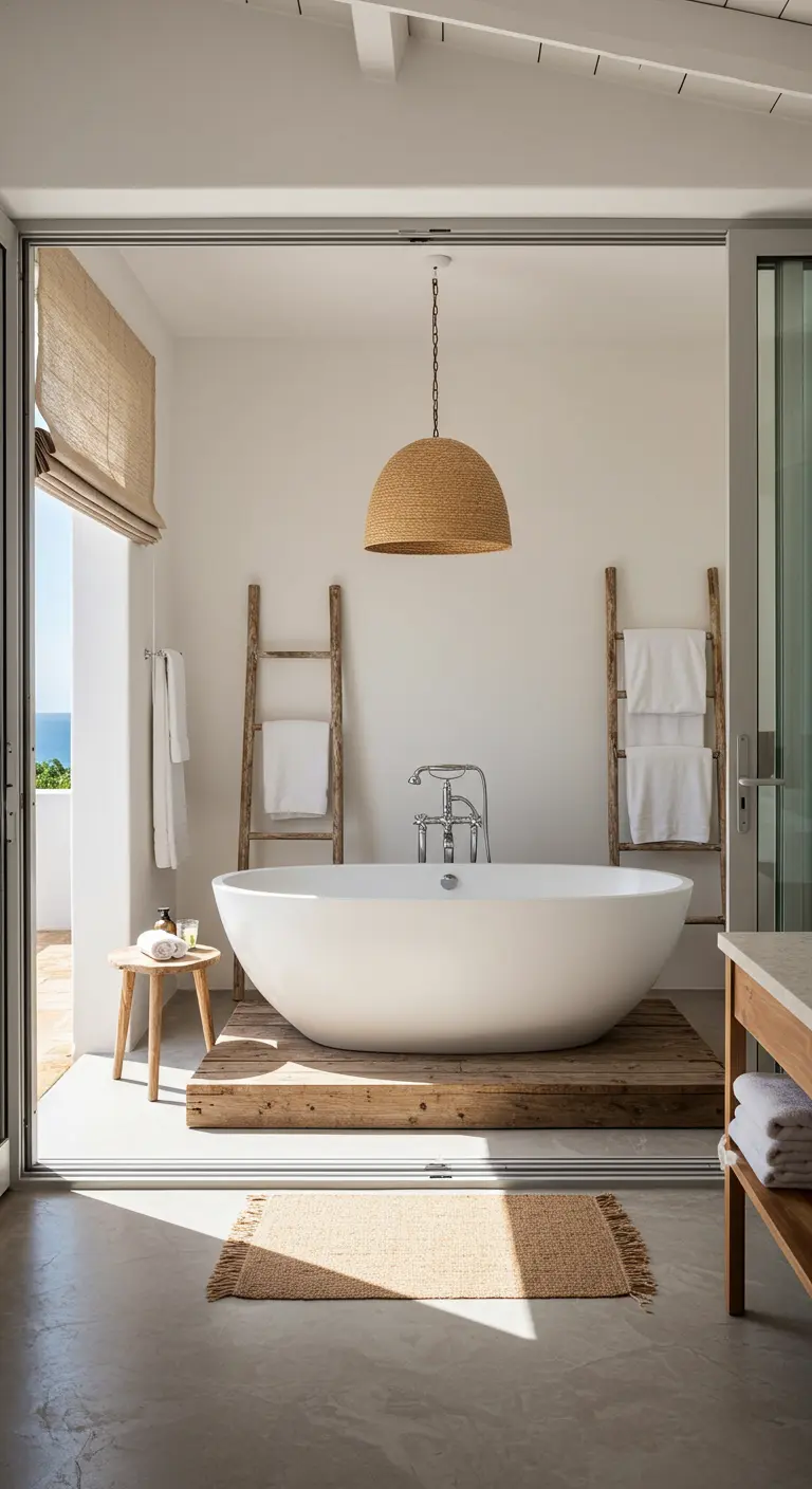 Bañera exenta sobre una plataforma de madera, con escaleras de bambú como toalleros.