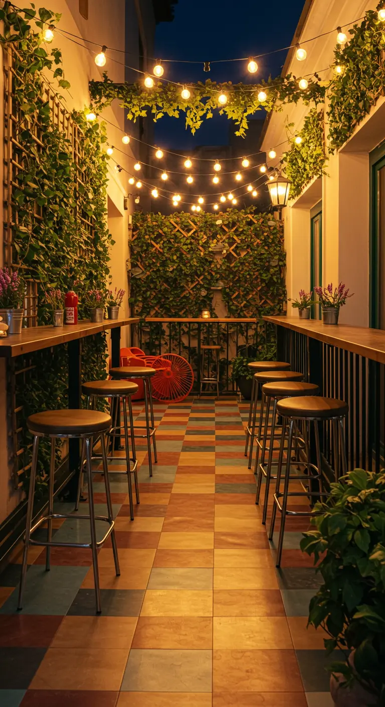 Balcón estrecho estilo bar con taburetes altos, barra de madera y un suelo de baldosas de colores.