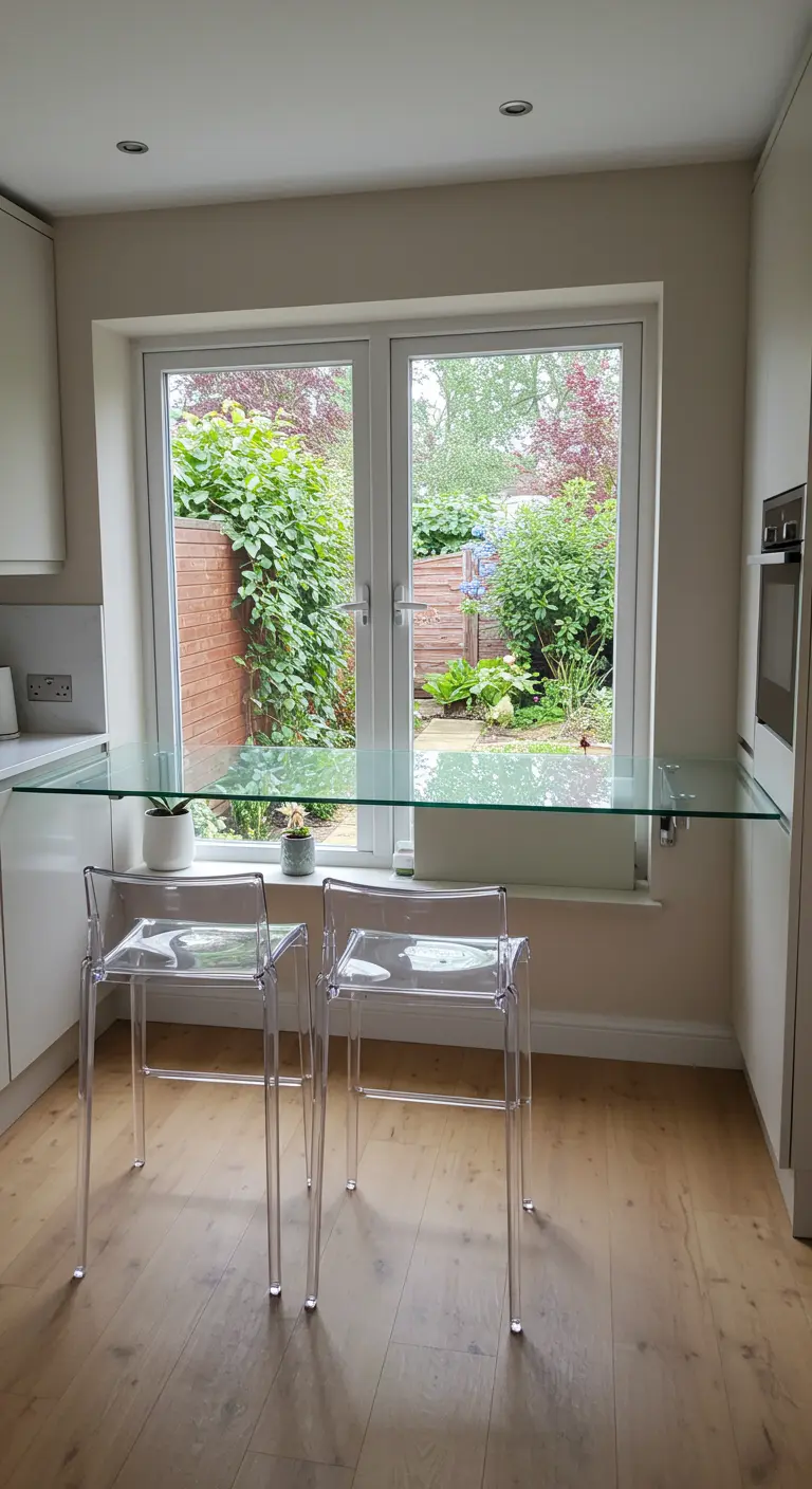 Balda de cristal instalada frente a una ventana de cocina, con dos taburetes transparentes