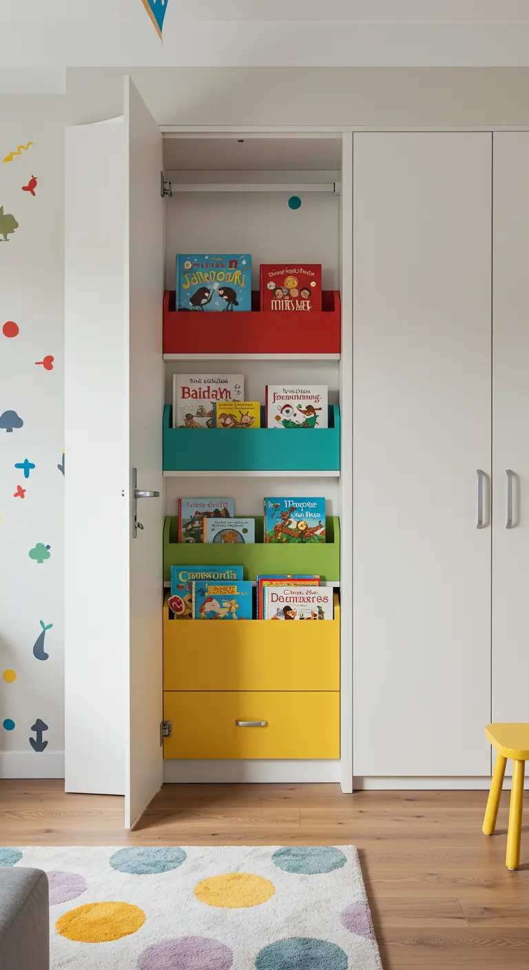 Estanterías de libros infantiles de colores instaladas en el interior de una puerta de armario blanca.
