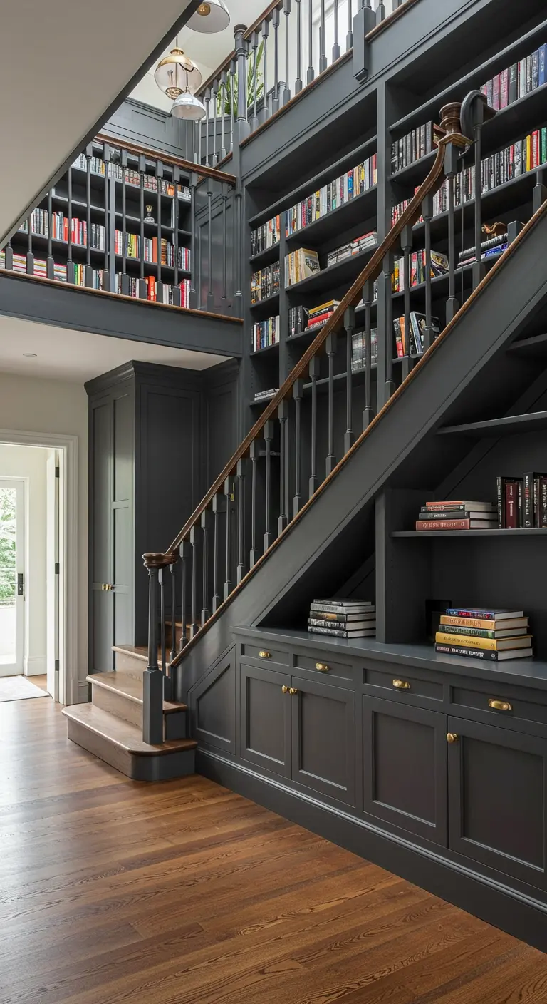 Gran biblioteca de color gris oscuro integrada en la estructura de la escalera