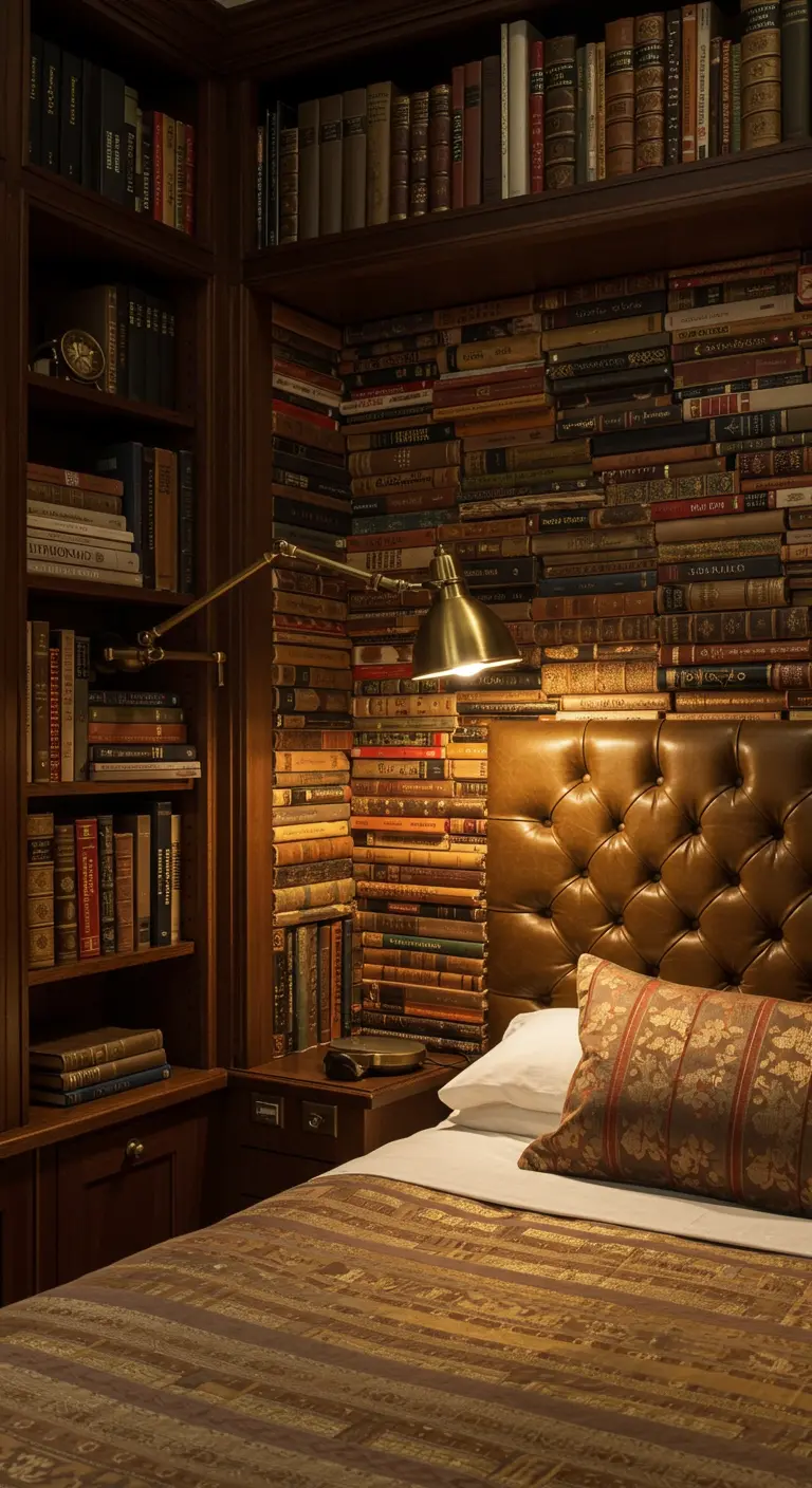Pared detrás de una cama completamente cubierta con libros antiguos apilados, creando efecto de cabecera.