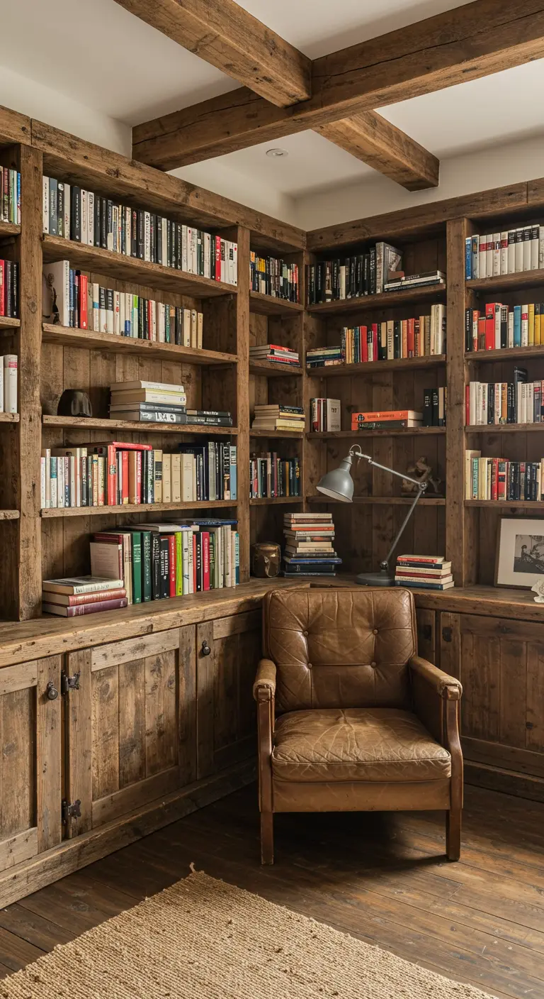 Biblioteca rústica con estanterías de madera recuperada y un sillón de cuero envejecido.