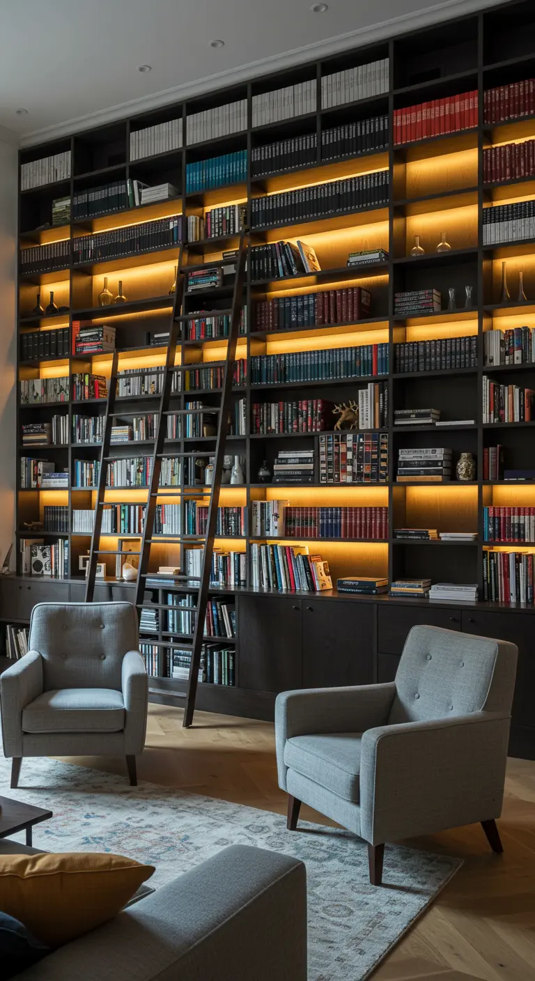 Impresionante biblioteca de pared completa en negro con una escalera deslizante y luz cálida.