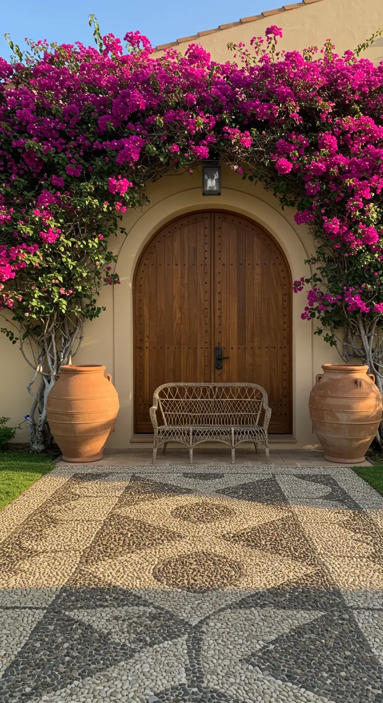 Entrada con puerta de madera arqueada, flanqueada por tinajas y un arco de buganvillas.