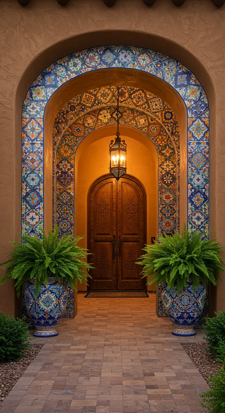 Arco de entrada decorado con mosaicos de talavera, flanqueado por dos grandes macetas.