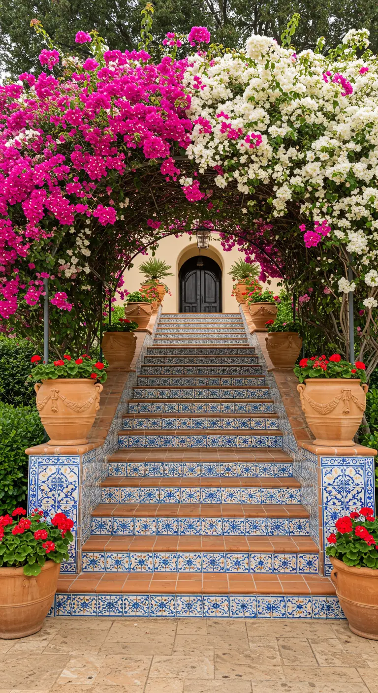 Gran escalera de entrada con contrahuellas de azulejos azules y blancos, flanqueada por buganvillas y macetas.