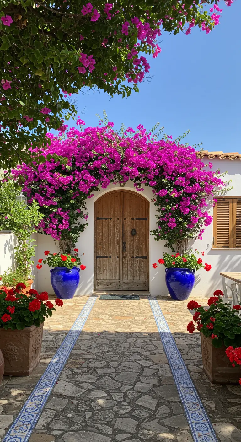 Entrada a una casa con una puerta de madera enmarcada por un arco de buganvillas y macetas azules.