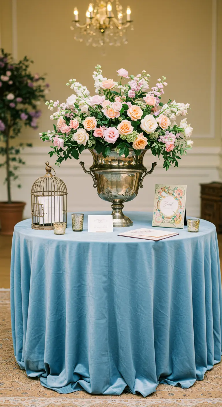 Mesa de bienvenida con un gran arreglo floral en tonos pastel dentro de una urna de plata.