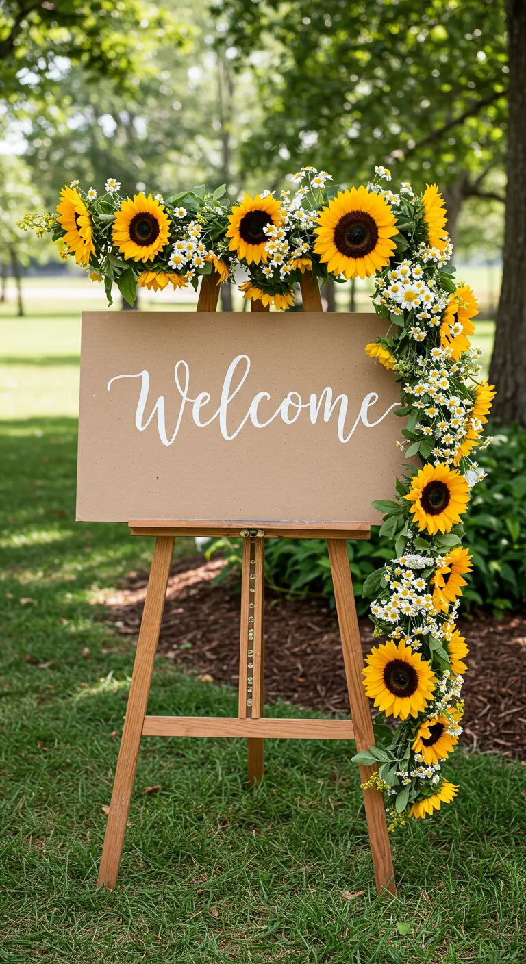 Cartel de bienvenida en un caballete, enmarcado por una guirnalda de girasoles.