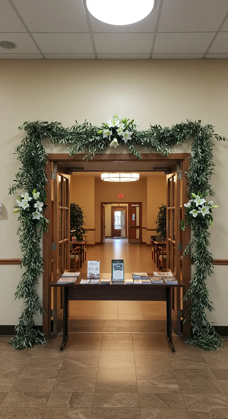 Puerta de entrada enmarcada con una frondosa guirnalda de olivo y lirios blancos.