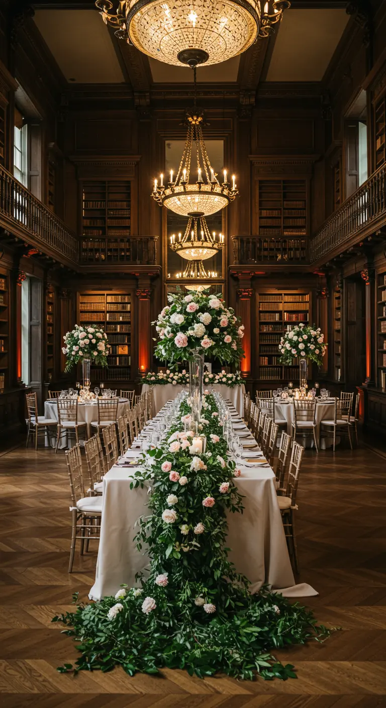 Recepción de boda elegante en una biblioteca con una larga mesa decorada con flores.