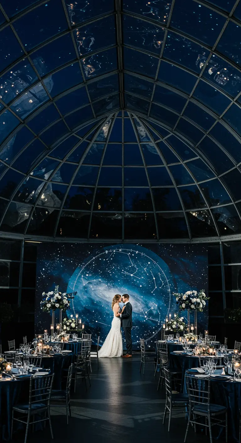 Recepción de boda con un gran telón de fondo de constelaciones y un techo de cristal.