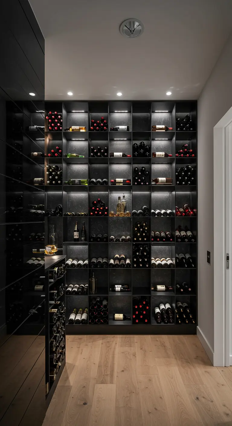 Pared de un pasillo convertida en una bodega con nichos iluminados para botellas de vino.