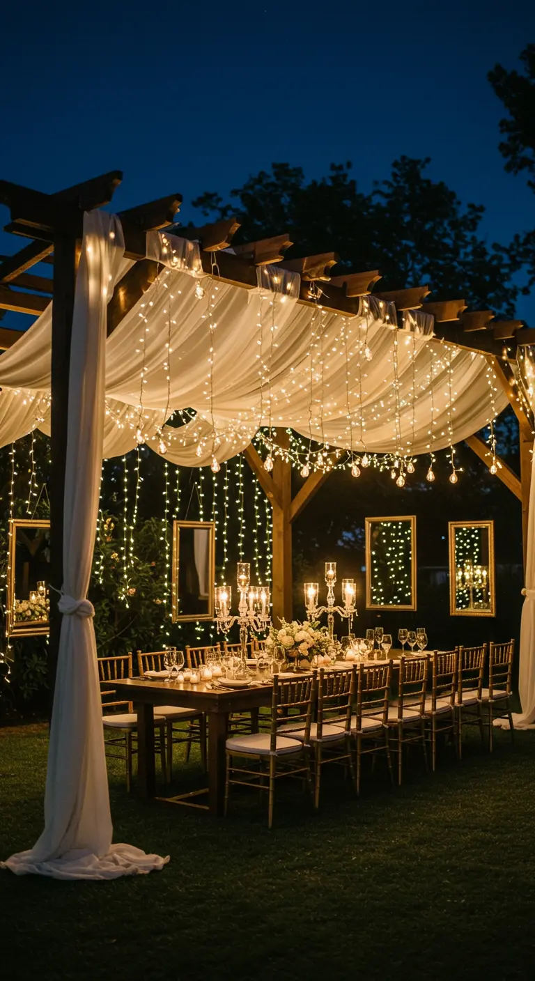 Cena nocturna en el jardín bajo una pérgola con luces y espejos dorados colgados al fondo.