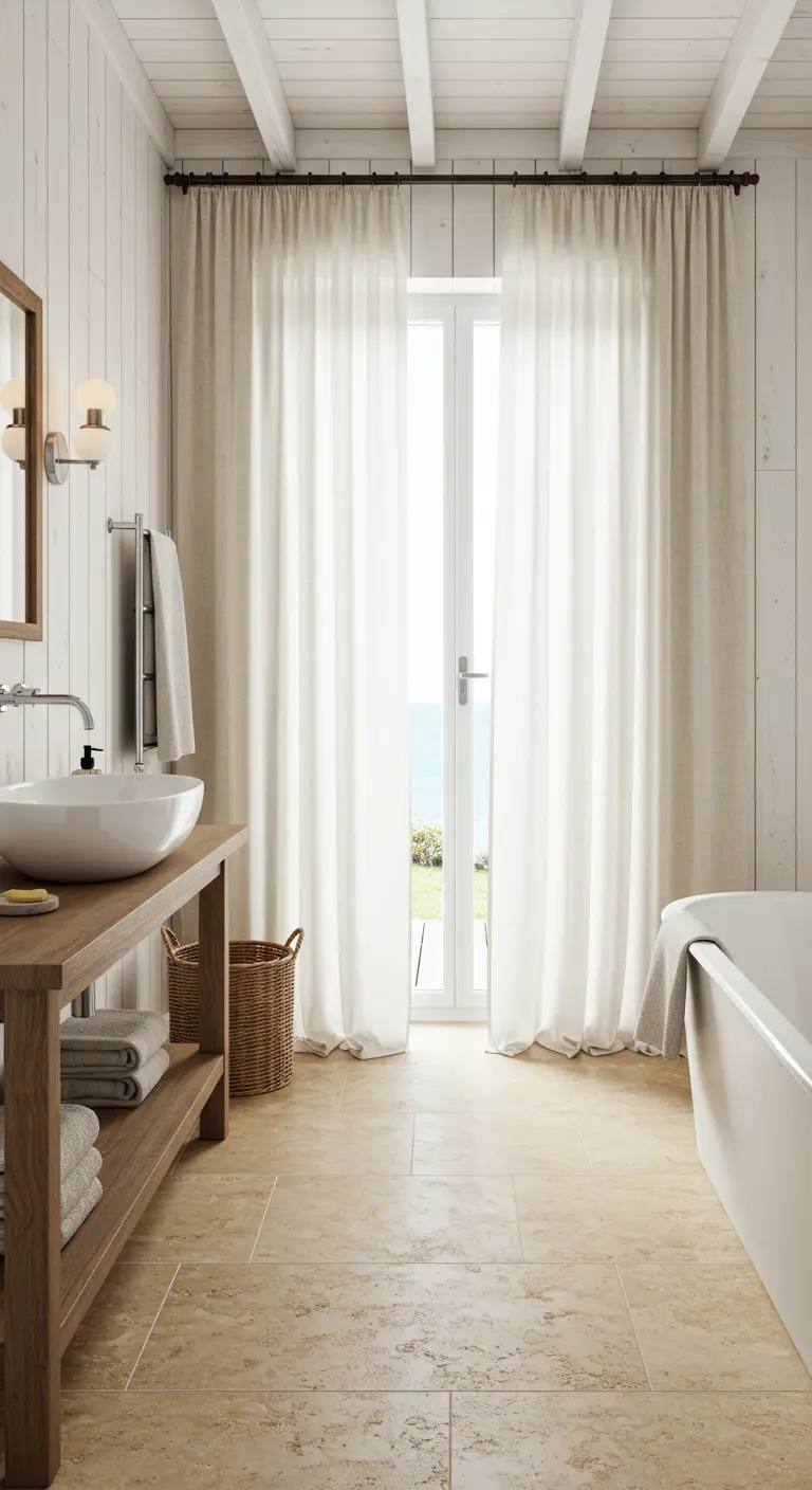 Baño luminoso con paredes blancas, muebles de madera clara y cortinas de lino frente a una puerta