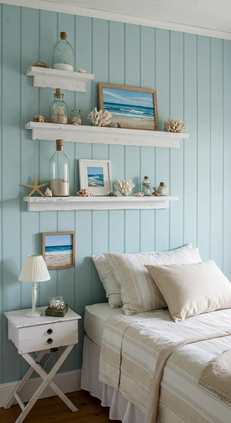 Estanterías flotantes blancas de estilo rústico en una pared azul claro con decoración costera.