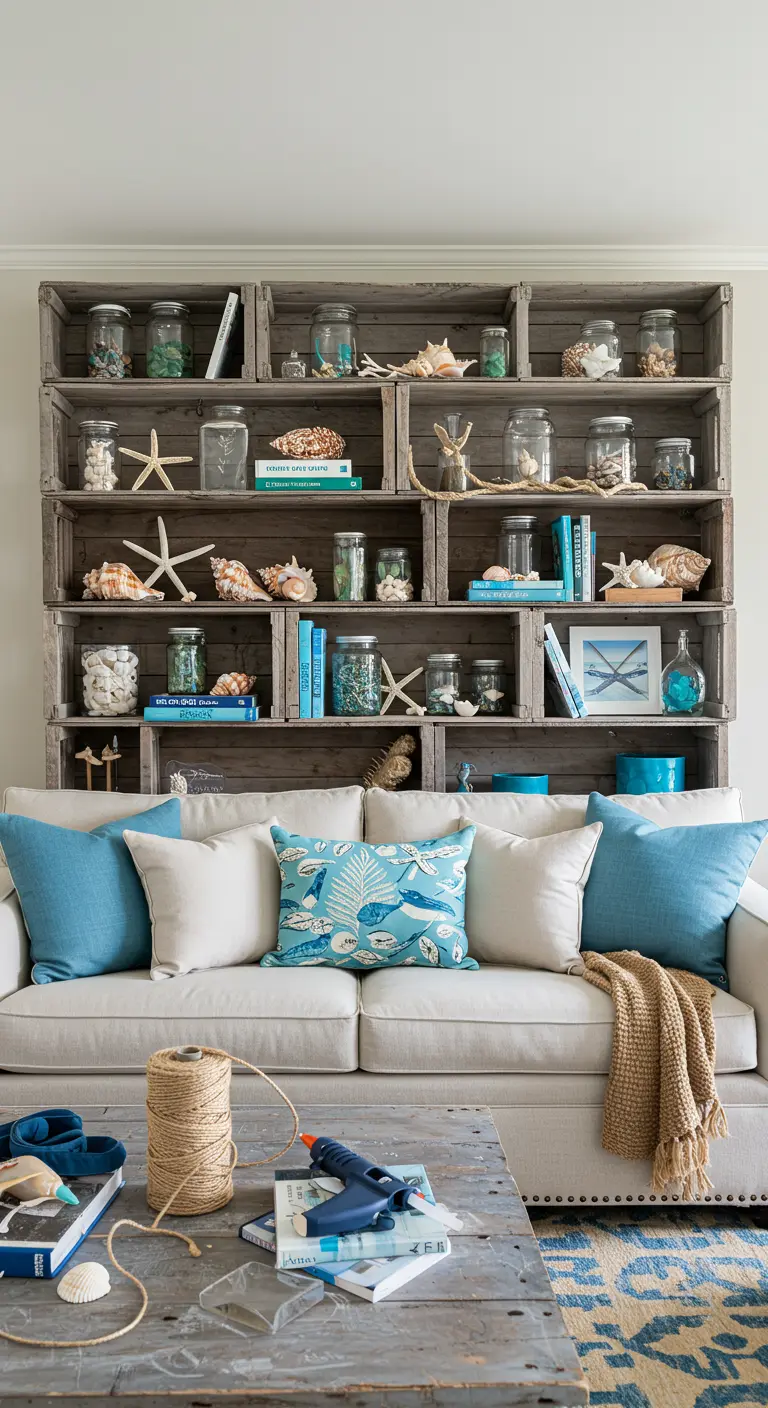 Gran estantería de cajas de madera con decoración de estilo costero detrás de un sofá.