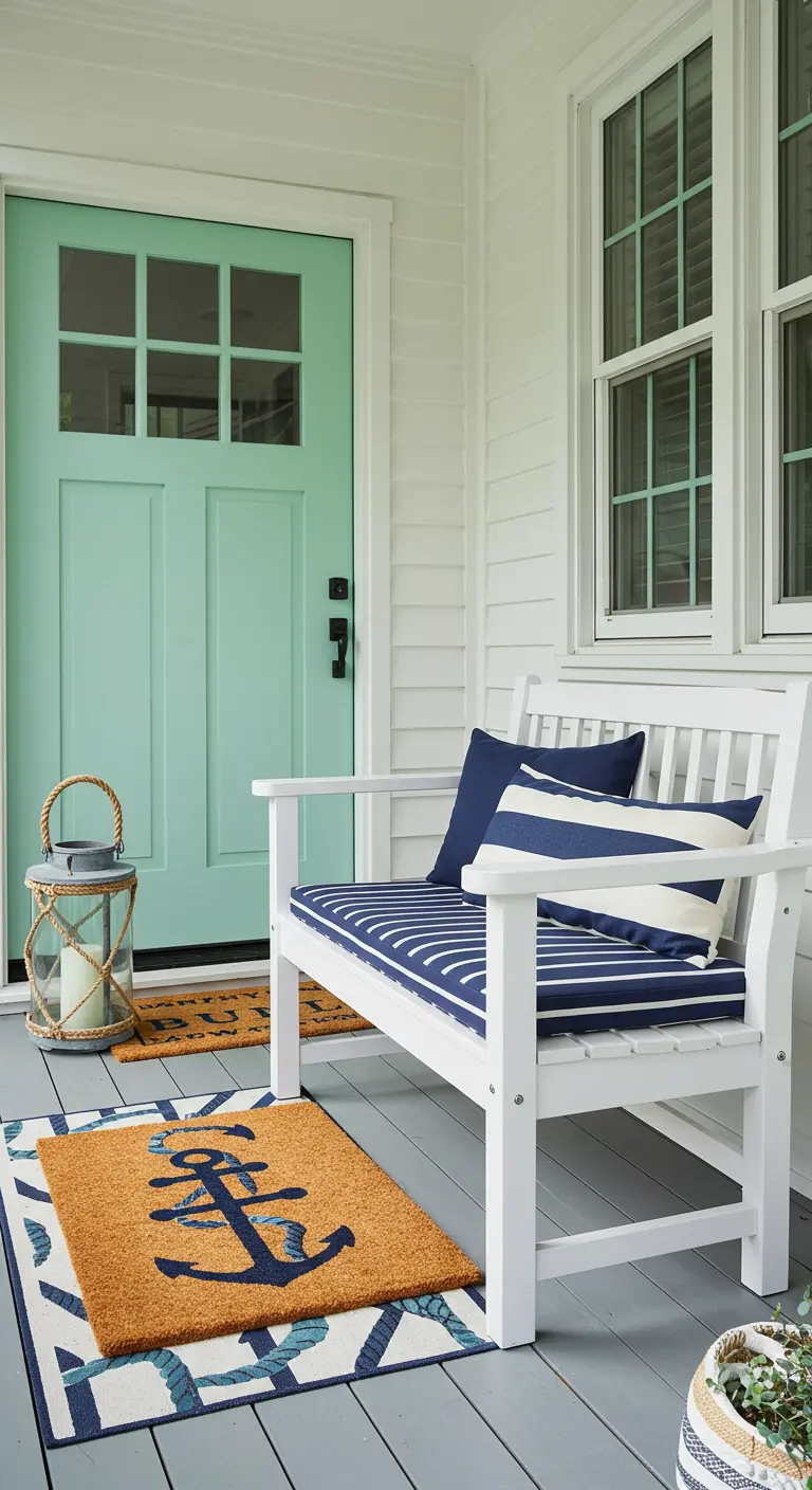 Porche de estilo costero con puerta verde menta, banco blanco y cojines y alfombra en azul marino.