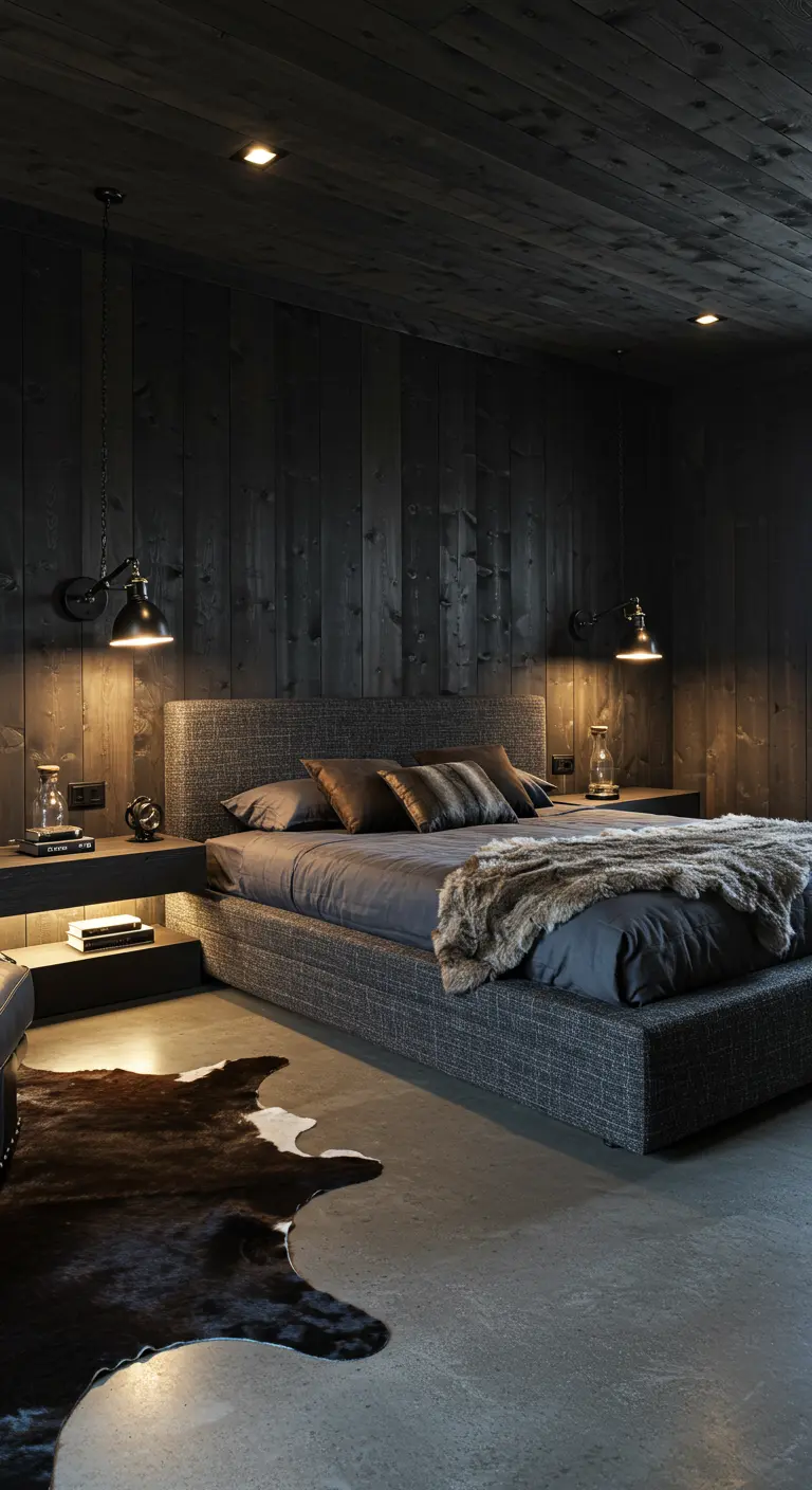 Dormitorio tipo cabaña moderna con revestimiento de madera negra y alfombra de piel.