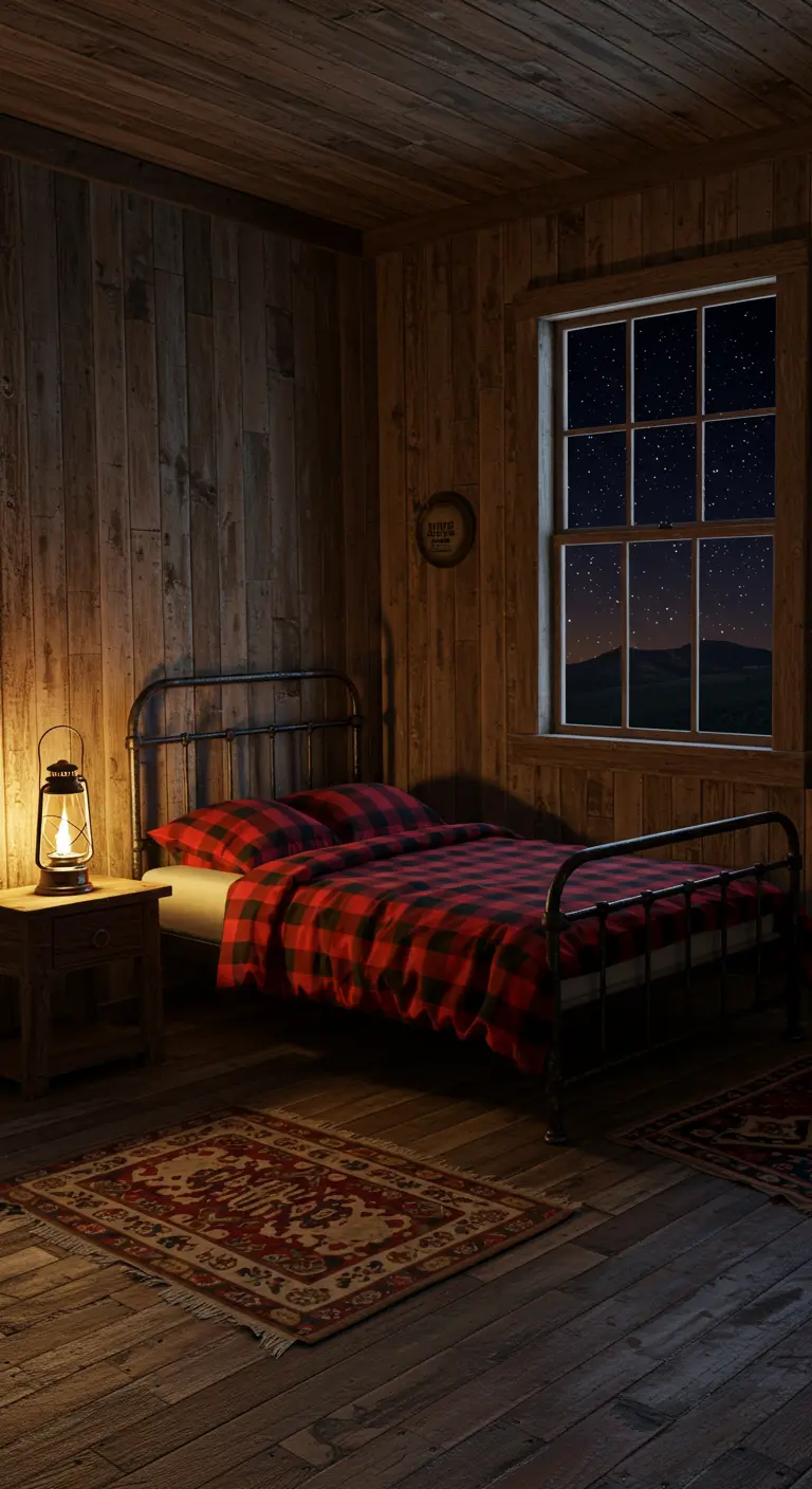 Dormitorio rústico estilo cabaña con paredes de madera y una ventana con vistas a un cielo estrellado.