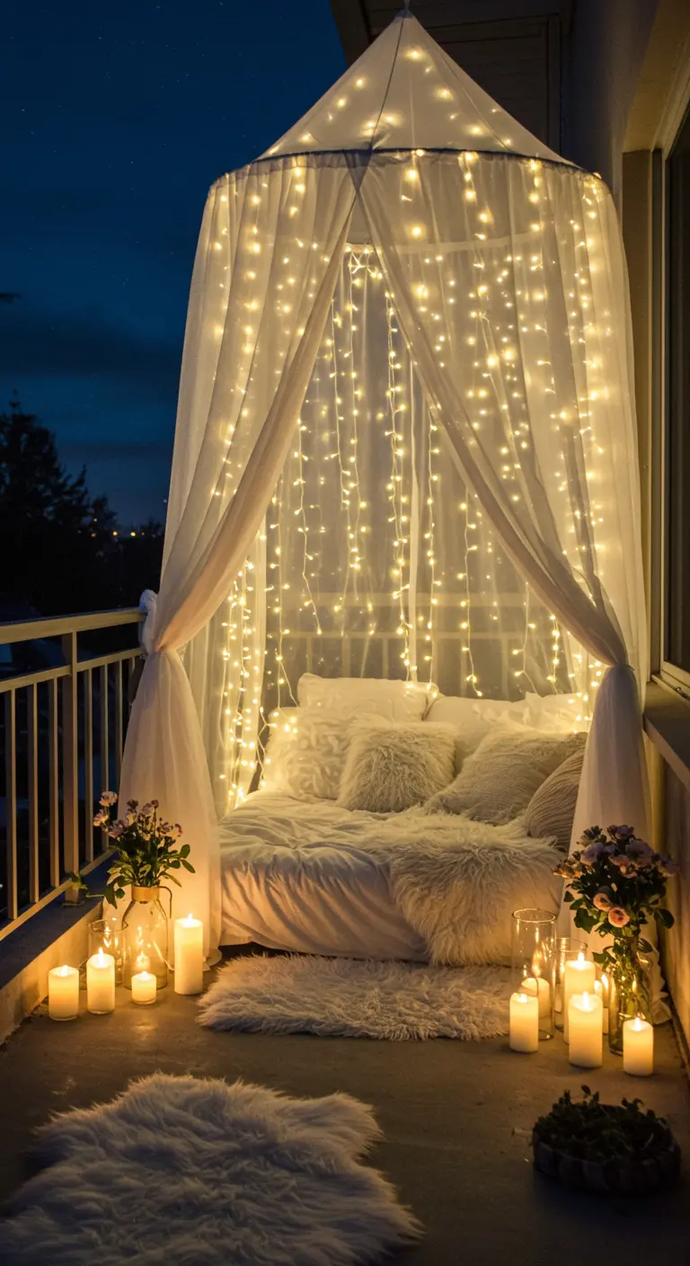 Cama en un balcón bajo un dosel blanco iluminado por una cortina de luces de hadas.