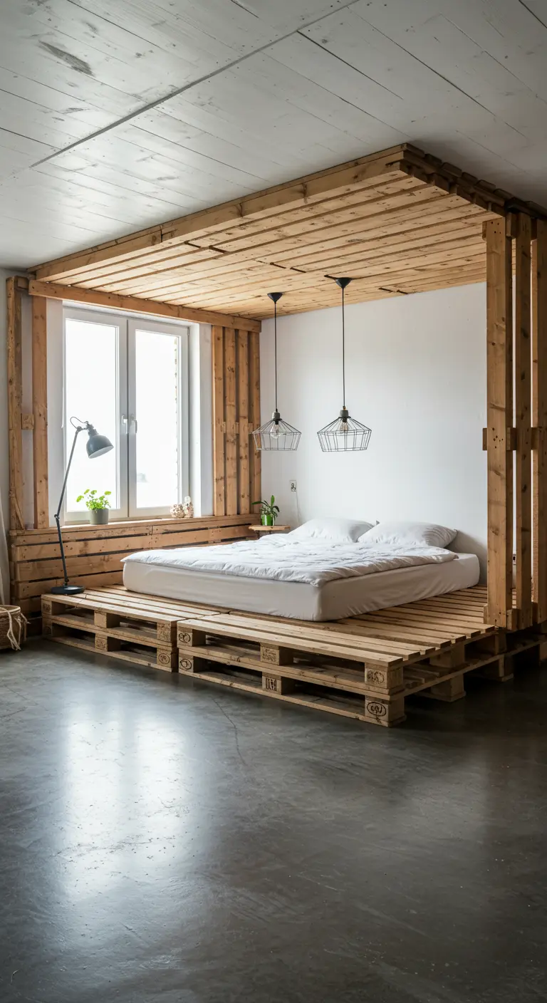 Estructura de cama tipo alcoba hecha completamente de madera de palet en un loft.