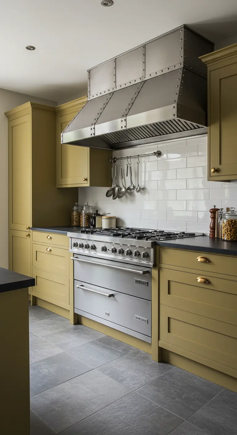 Cocina con campana extractora de acero con remaches y gabinetes en tono mostaza oscuro.